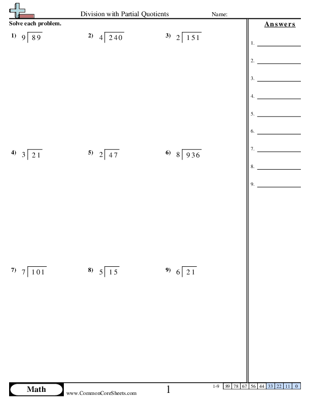 Division with Partial Quotients worksheet